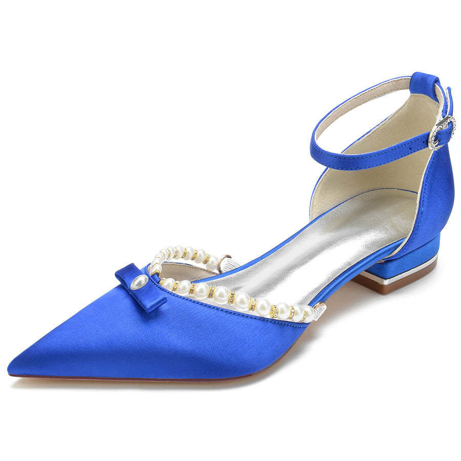Elegant Low-Heel Bridal Shoes with Pearls for Women Pointed Toe