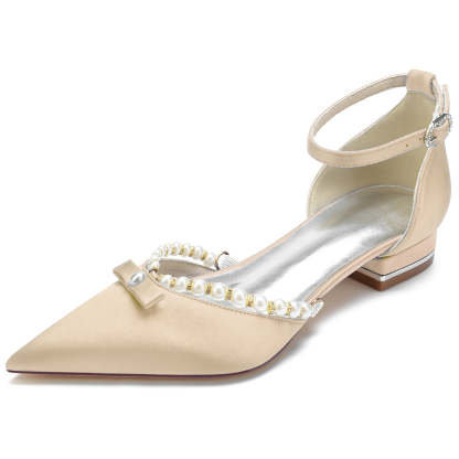 Elegant Low-Heel Bridal Shoes with Pearls for Women Pointed Toe