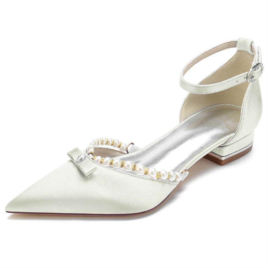 Elegant Low-Heel Bridal Shoes with Pearls for Women Pointed Toe