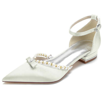 Elegant Low-Heel Bridal Shoes with Pearls for Women Pointed Toe