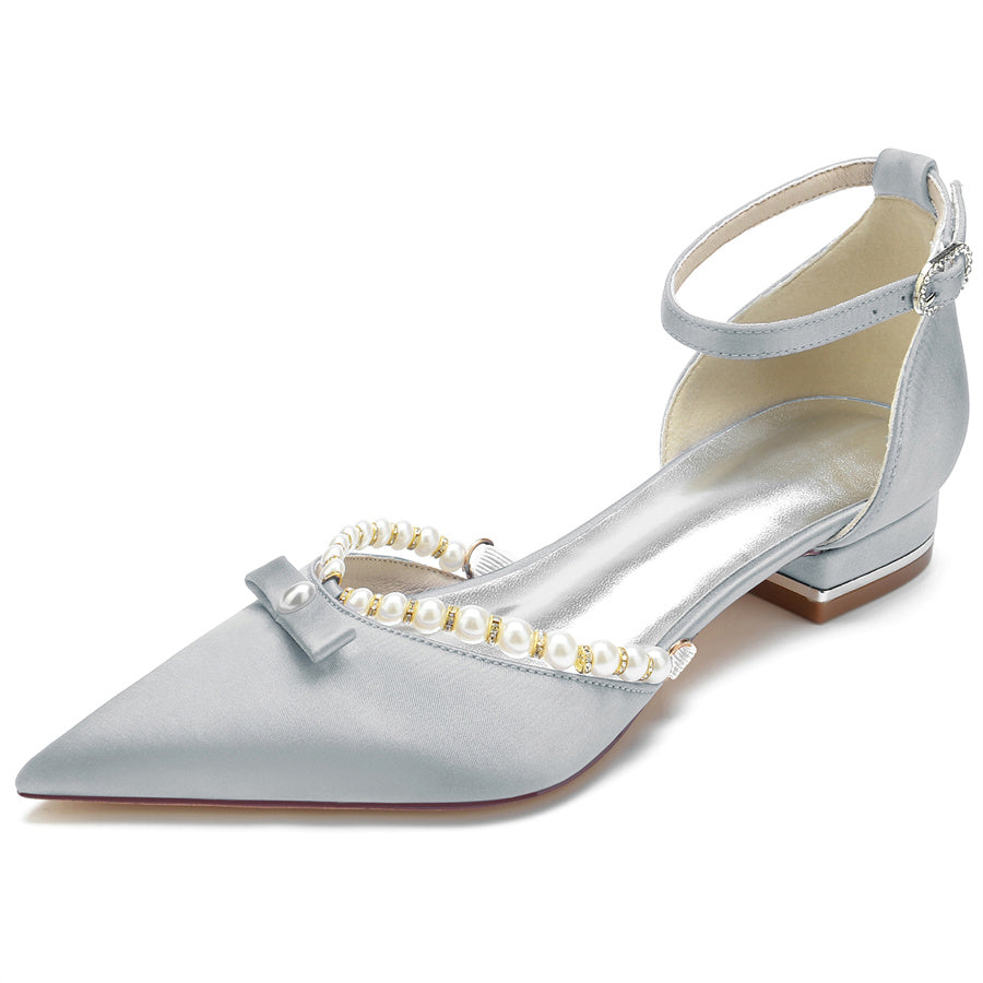 Elegant Low-Heel Bridal Shoes with Pearls for Women Pointed Toe