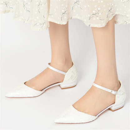 Minimalist Lace Bridal Shoes for Women with Pointed Toe and Low Heel