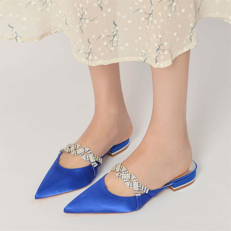 Bridal Shoes for Women with Crystals – Pointed Toe Low Heel Slippers