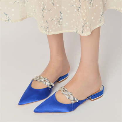 Bridal Shoes for Women with Crystals – Pointed Toe Low Heel Slippers