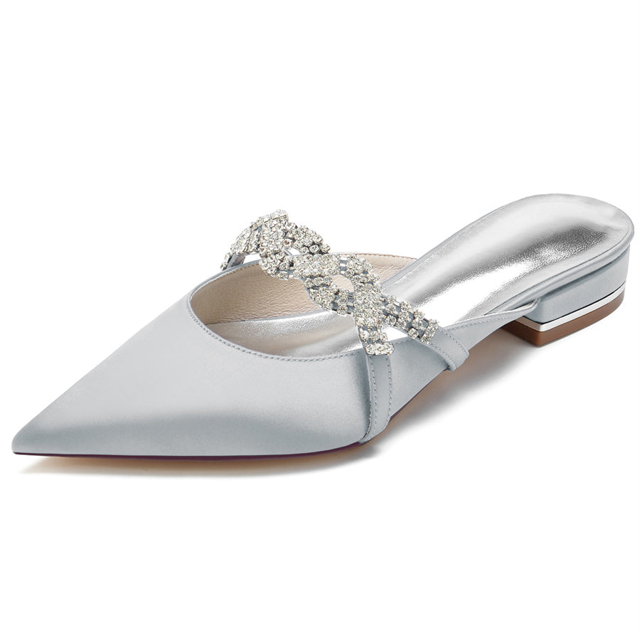 Bridal Shoes for Women with Crystals – Pointed Toe Low Heel Slippers