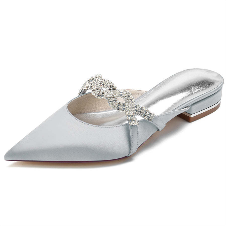 Bridal Shoes for Women with Crystals – Pointed Toe Low Heel Slippers