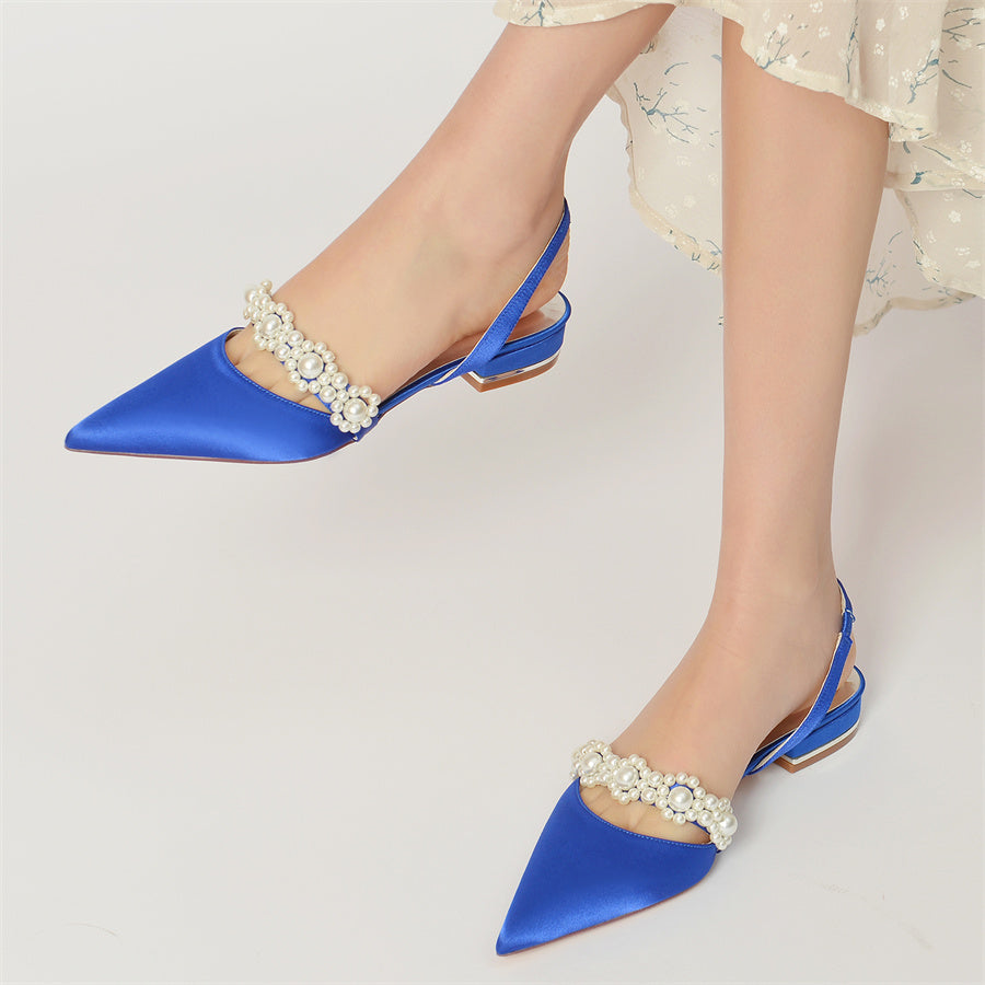 Elegant Low Heel Bridal Shoes for Women with Pearls and Pointed Toe