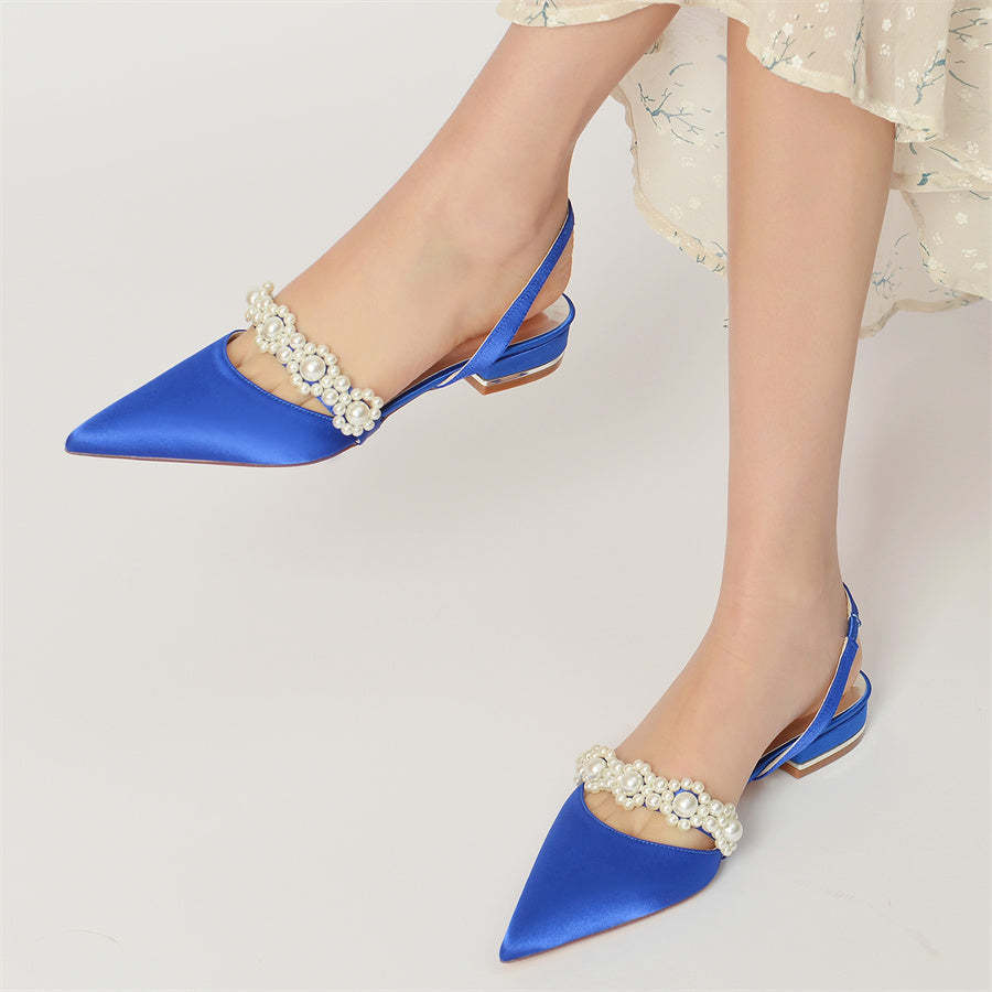 Elegant Low Heel Bridal Shoes for Women with Pearls and Pointed Toe