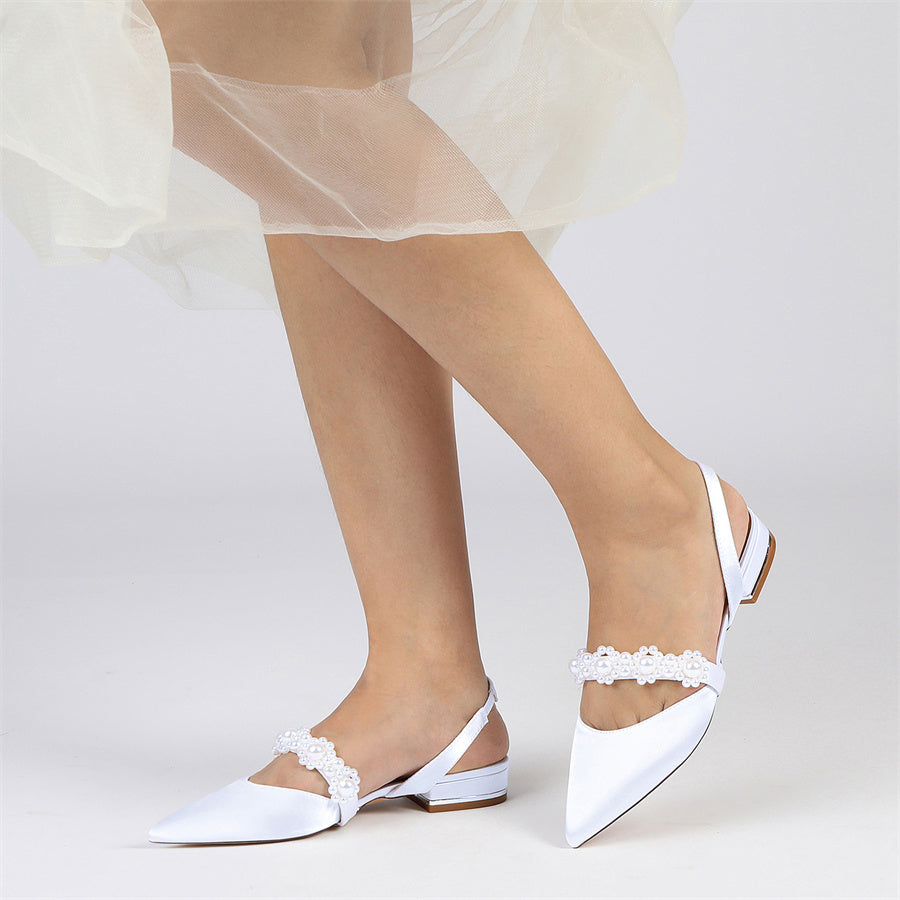 Elegant Low Heel Bridal Shoes for Women with Pearls and Pointed Toe