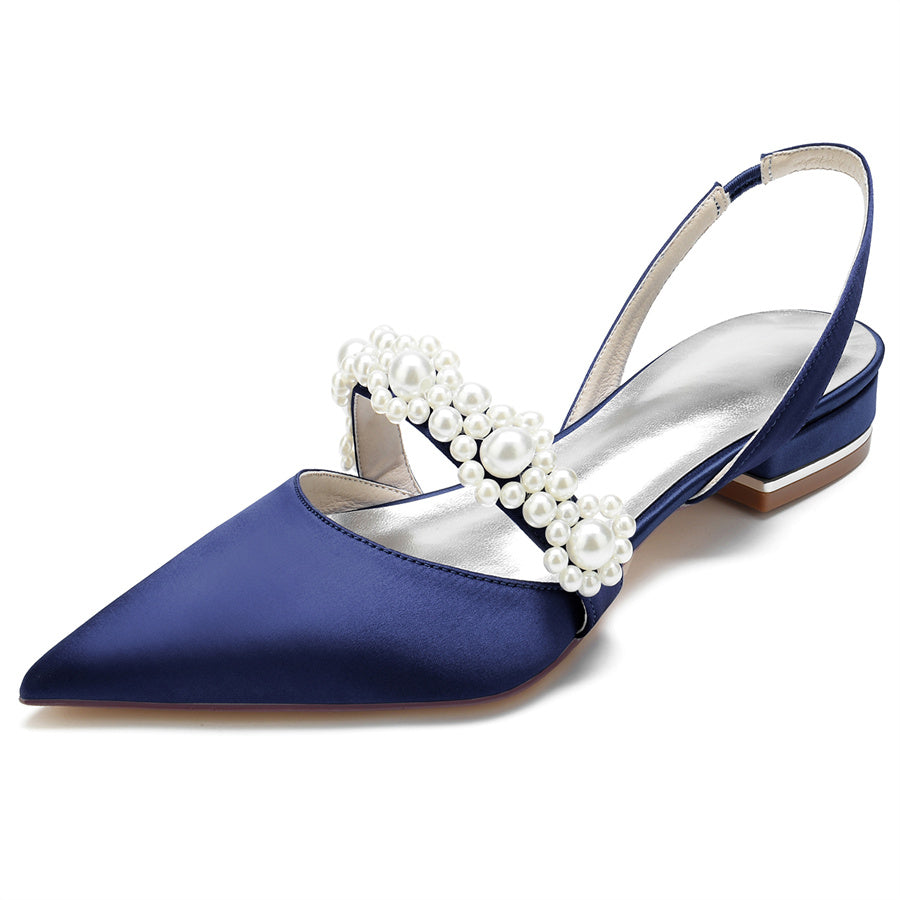Elegant Low Heel Bridal Shoes for Women with Pearls and Pointed Toe