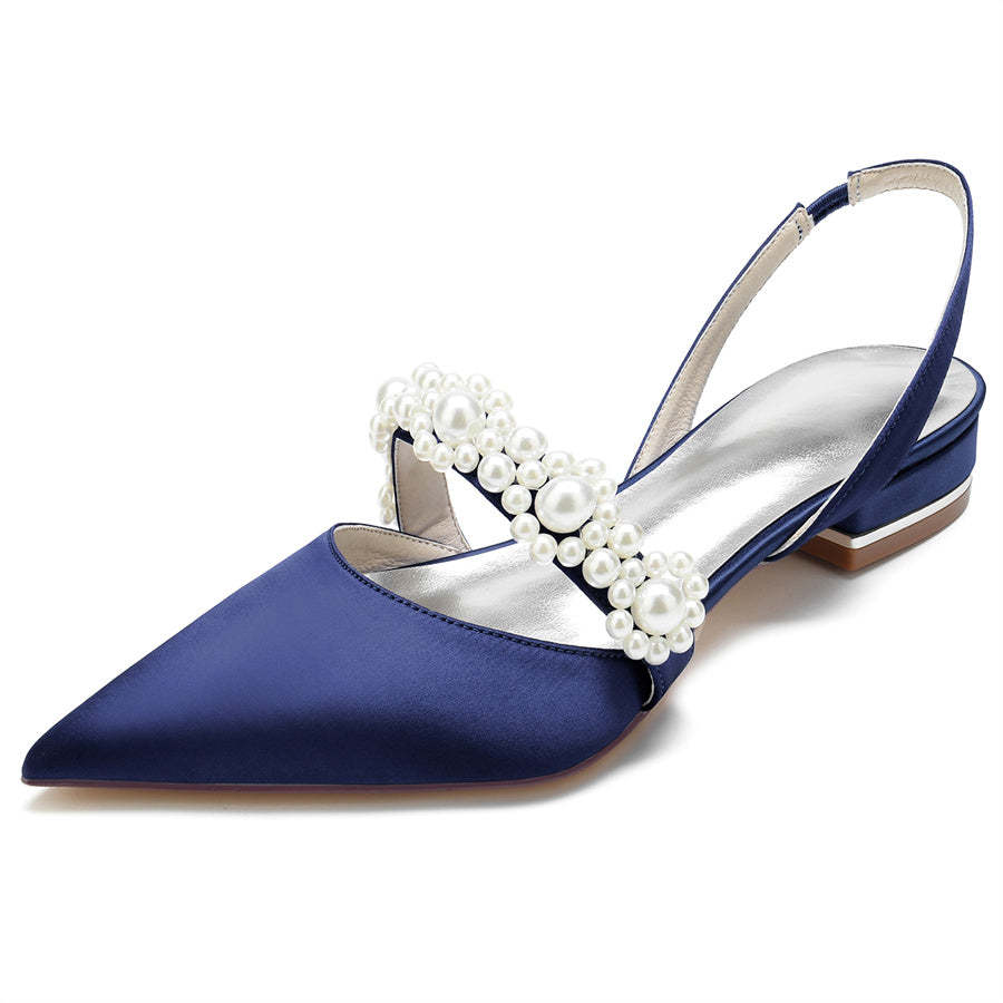 Elegant Low Heel Bridal Shoes for Women with Pearls and Pointed Toe