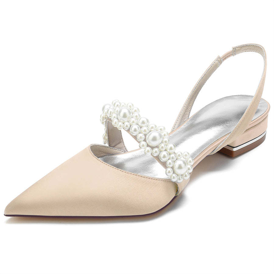 Elegant Low Heel Bridal Shoes for Women with Pearls and Pointed Toe