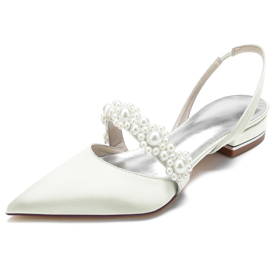 Elegant Low Heel Bridal Shoes for Women with Pearls and Pointed Toe