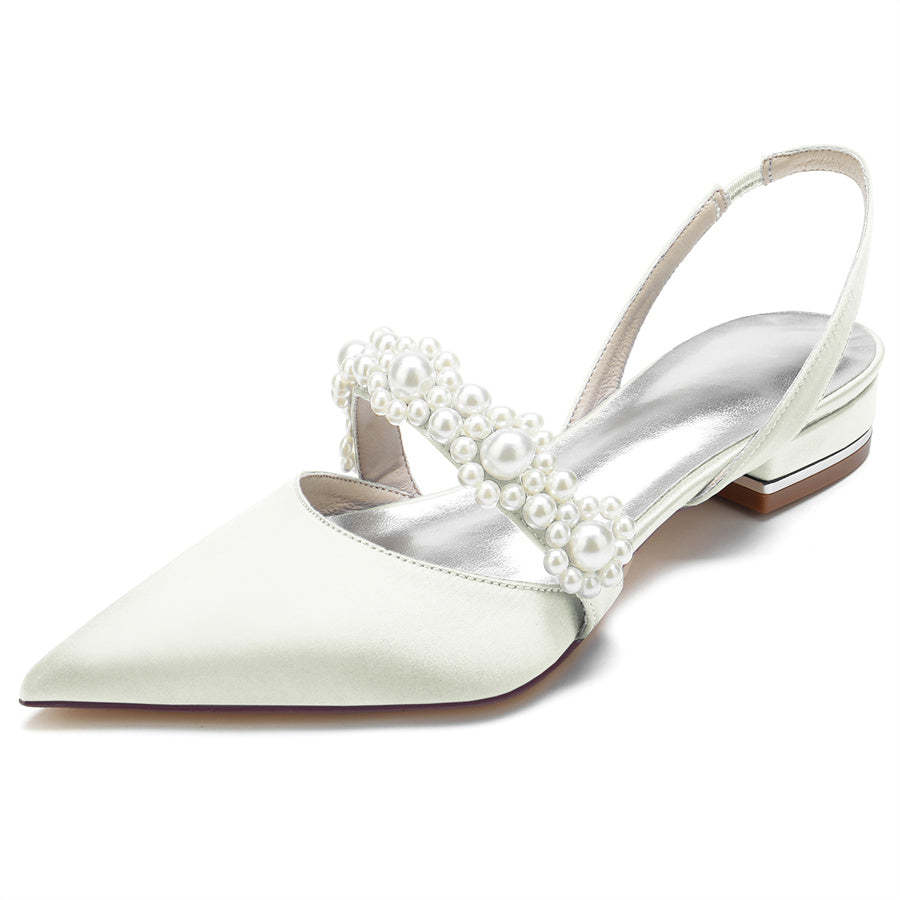 Elegant Low Heel Bridal Shoes for Women with Pearls and Pointed Toe