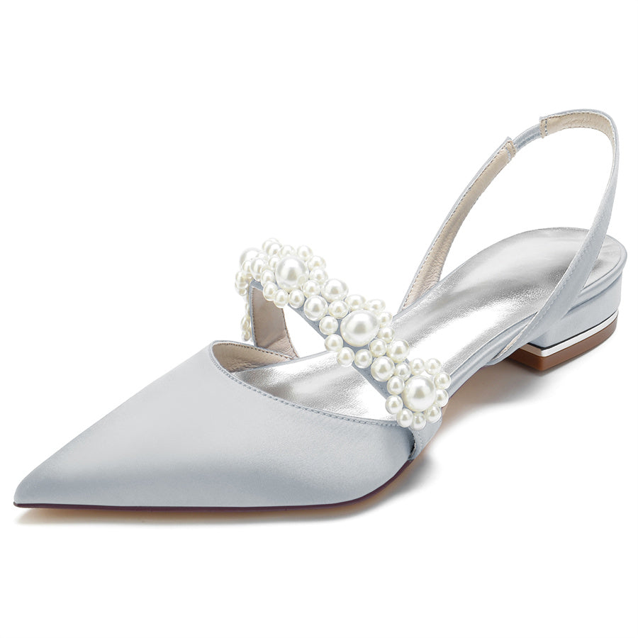 Elegant Low Heel Bridal Shoes for Women with Pearls and Pointed Toe