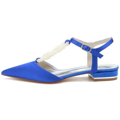 Elegant Low Heel Bridal Shoes for Women with Pearls Strap and Pointed Toe