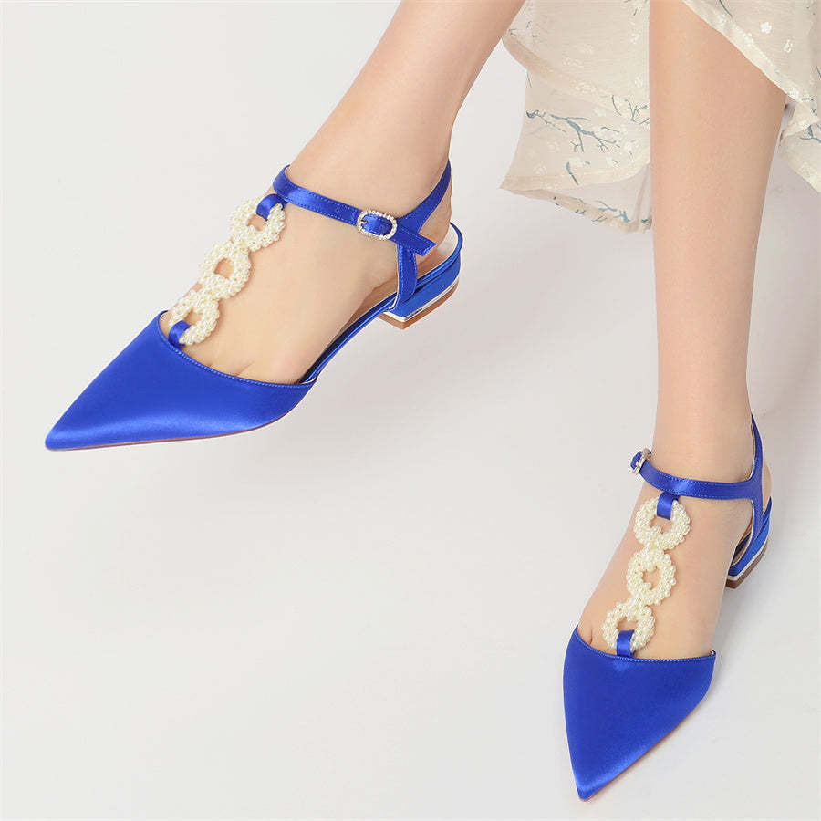 Elegant Low Heel Bridal Shoes for Women with Pearls Strap and Pointed Toe