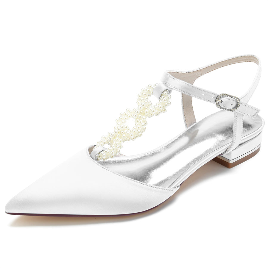 Elegant Low Heel Bridal Shoes for Women with Pearls Strap and Pointed Toe