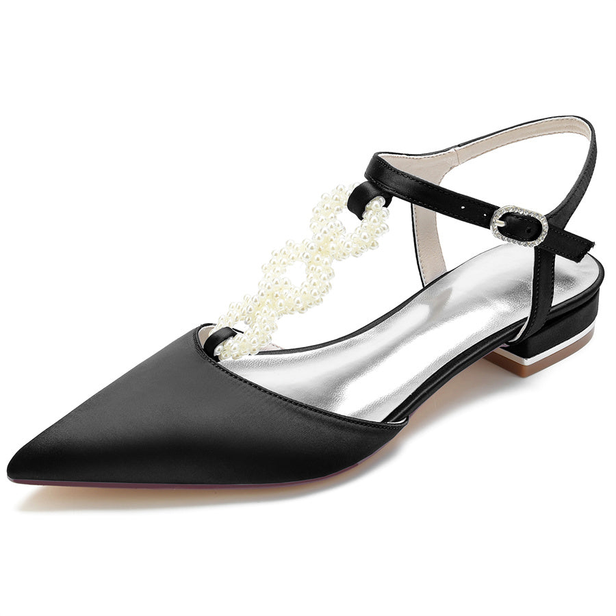 Elegant Low Heel Bridal Shoes for Women with Pearls Strap and Pointed Toe