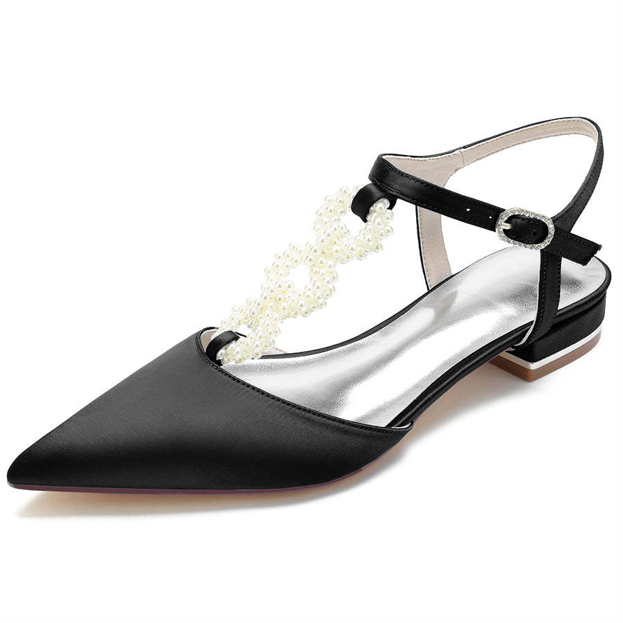 Elegant Low Heel Bridal Shoes for Women with Pearls Strap and Pointed Toe