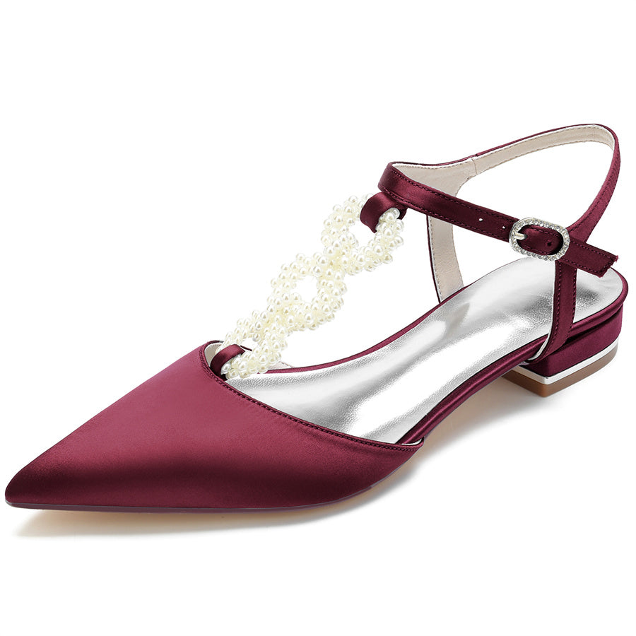 Elegant Low Heel Bridal Shoes for Women with Pearls Strap and Pointed Toe