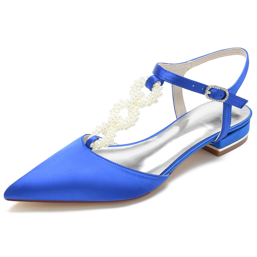 Elegant Low Heel Bridal Shoes for Women with Pearls Strap and Pointed Toe