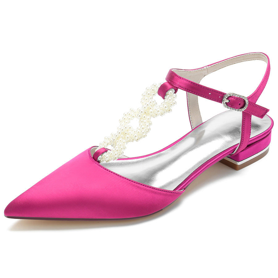 Elegant Low Heel Bridal Shoes for Women with Pearls Strap and Pointed Toe