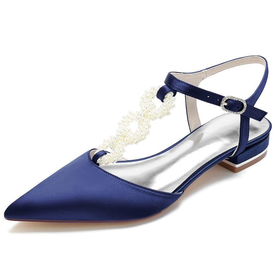 Elegant Low Heel Bridal Shoes for Women with Pearls Strap and Pointed Toe