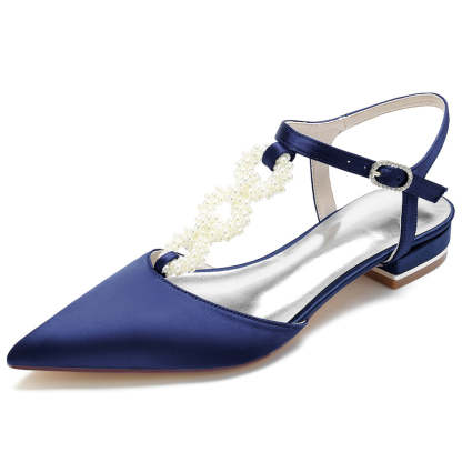 Elegant Low Heel Bridal Shoes for Women with Pearls Strap and Pointed Toe