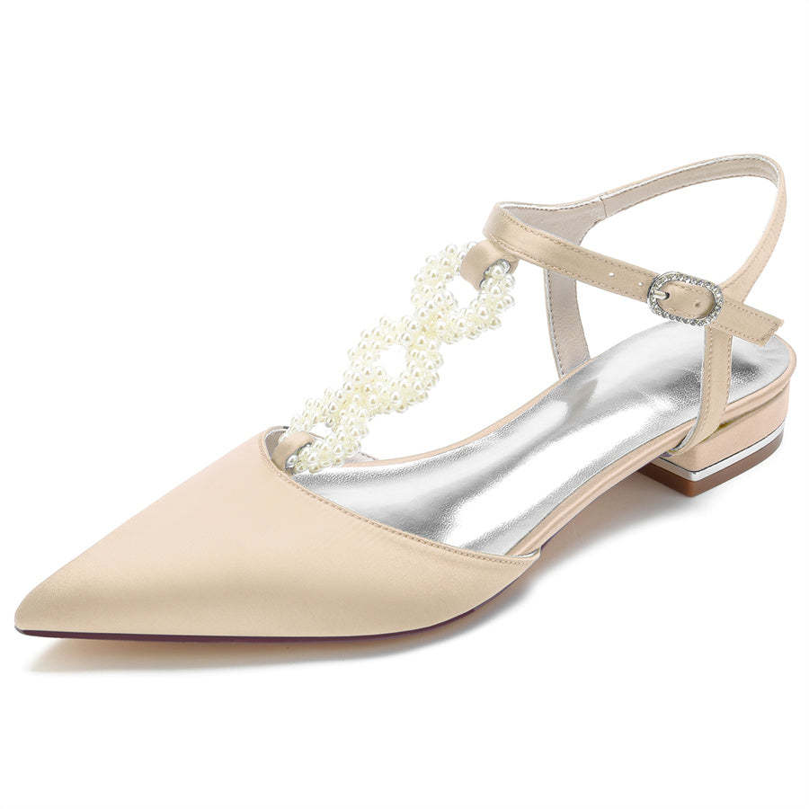 Elegant Low Heel Bridal Shoes for Women with Pearls Strap and Pointed Toe