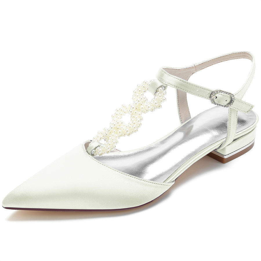 Elegant Low Heel Bridal Shoes for Women with Pearls Strap and Pointed Toe