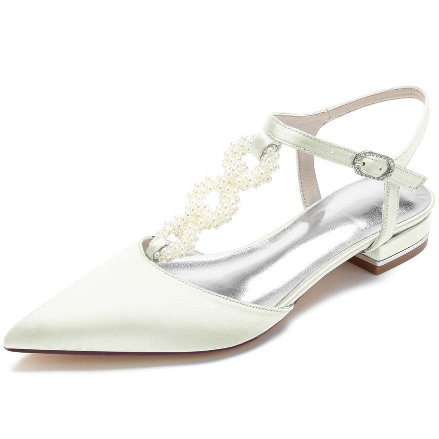 Elegant Low Heel Bridal Shoes for Women with Pearls Strap and Pointed Toe