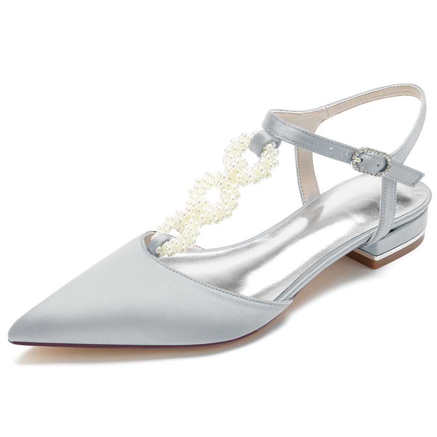 Elegant Low Heel Bridal Shoes for Women with Pearls Strap and Pointed Toe