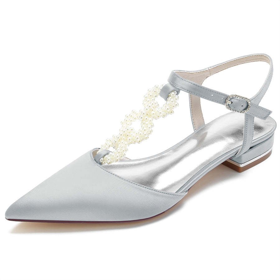 Elegant Low Heel Bridal Shoes for Women with Pearls Strap and Pointed Toe