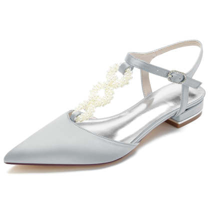 Elegant Low Heel Bridal Shoes for Women with Pearls Strap and Pointed Toe