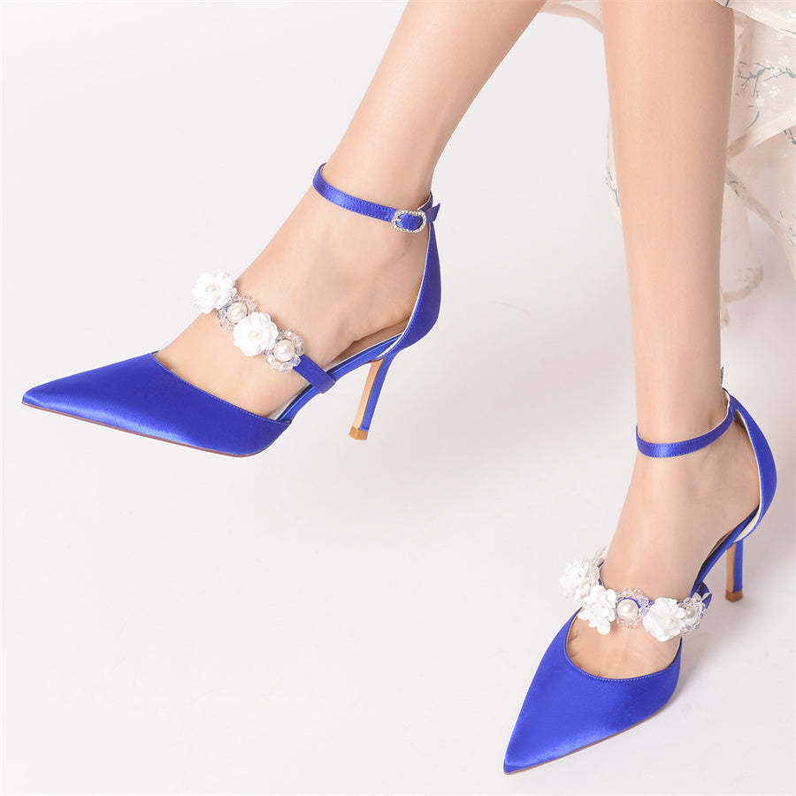Bridal High Heel Shoes for Women with Pointed Toe Pearls & Flowers