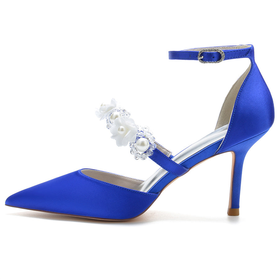 Bridal High Heel Shoes for Women with Pointed Toe Pearls & Flowers