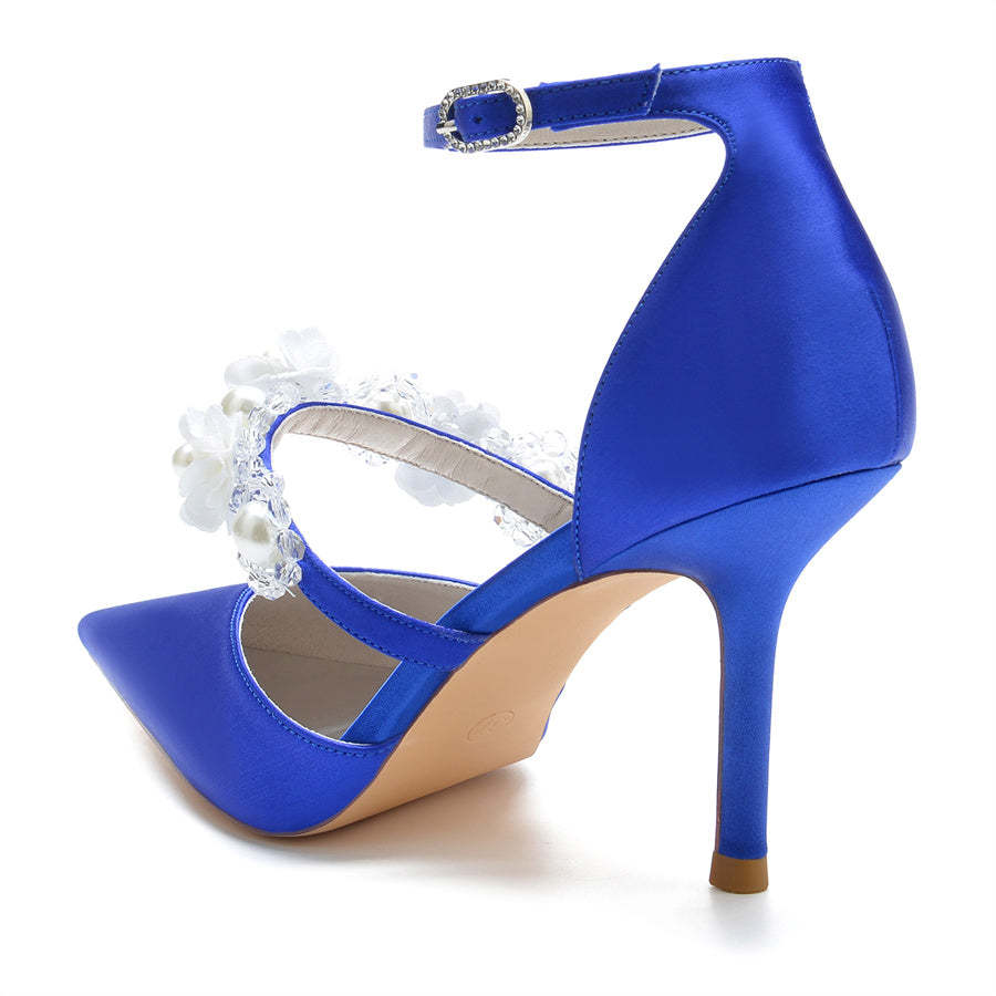 Bridal High Heel Shoes for Women with Pointed Toe Pearls & Flowers