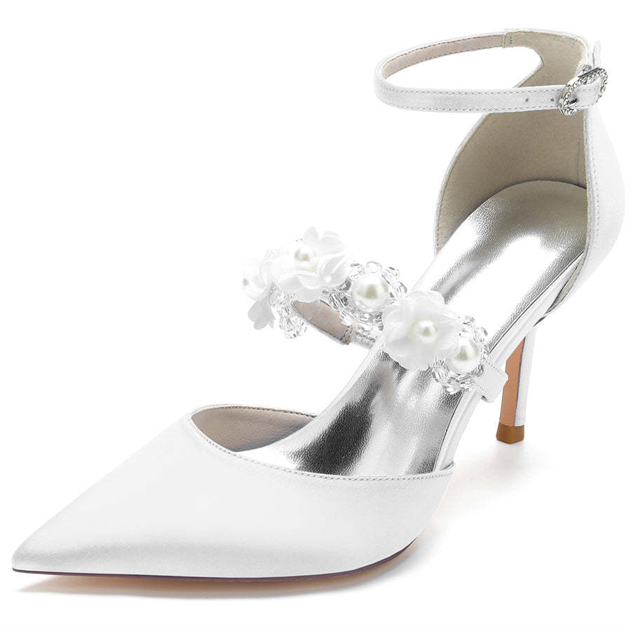 Bridal High Heel Shoes for Women with Pointed Toe Pearls & Flowers