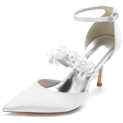 Bridal High Heel Shoes for Women with Pointed Toe Pearls & Flowers