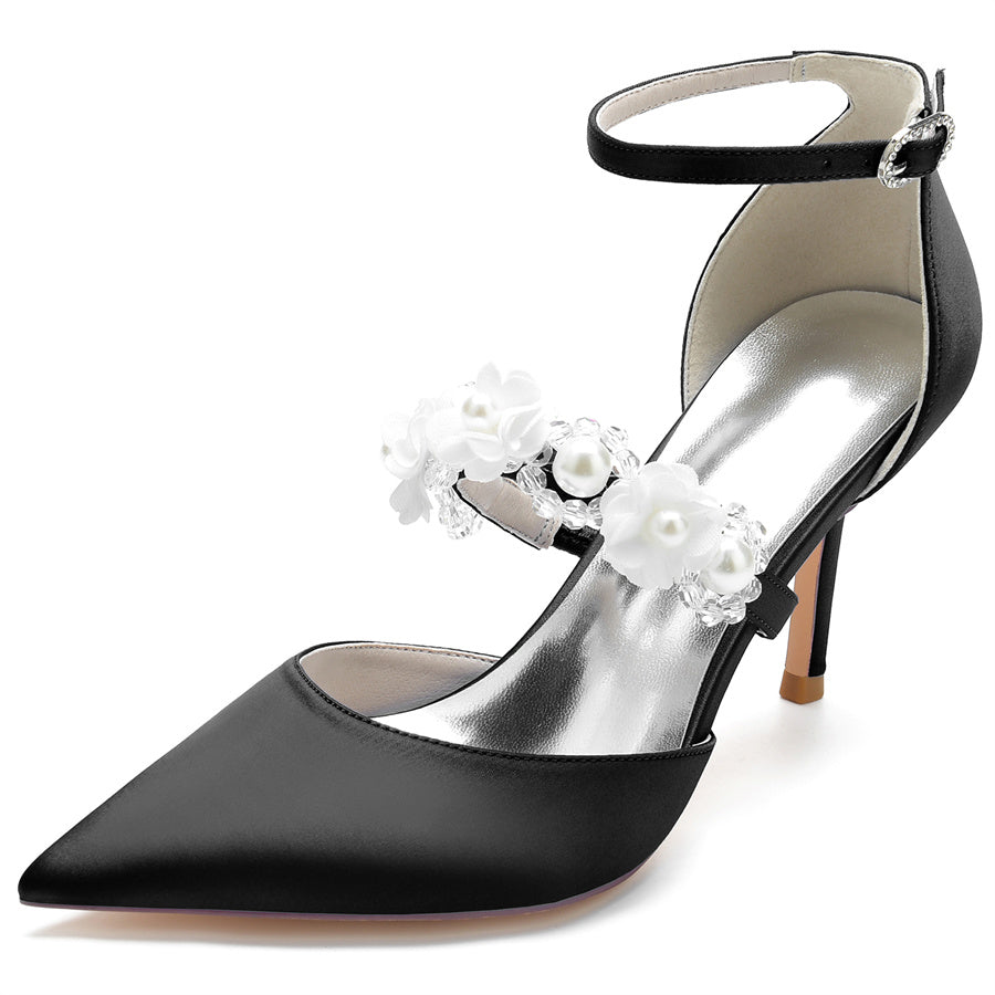 Bridal High Heel Shoes for Women with Pointed Toe Pearls & Flowers