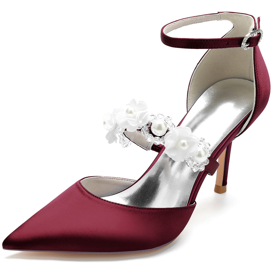 Bridal High Heel Shoes for Women with Pointed Toe Pearls & Flowers