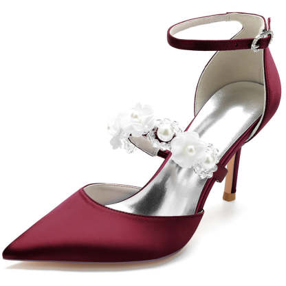 Bridal High Heel Shoes for Women with Pointed Toe Pearls & Flowers