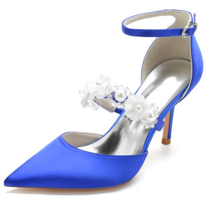 Bridal High Heel Shoes for Women with Pointed Toe Pearls & Flowers