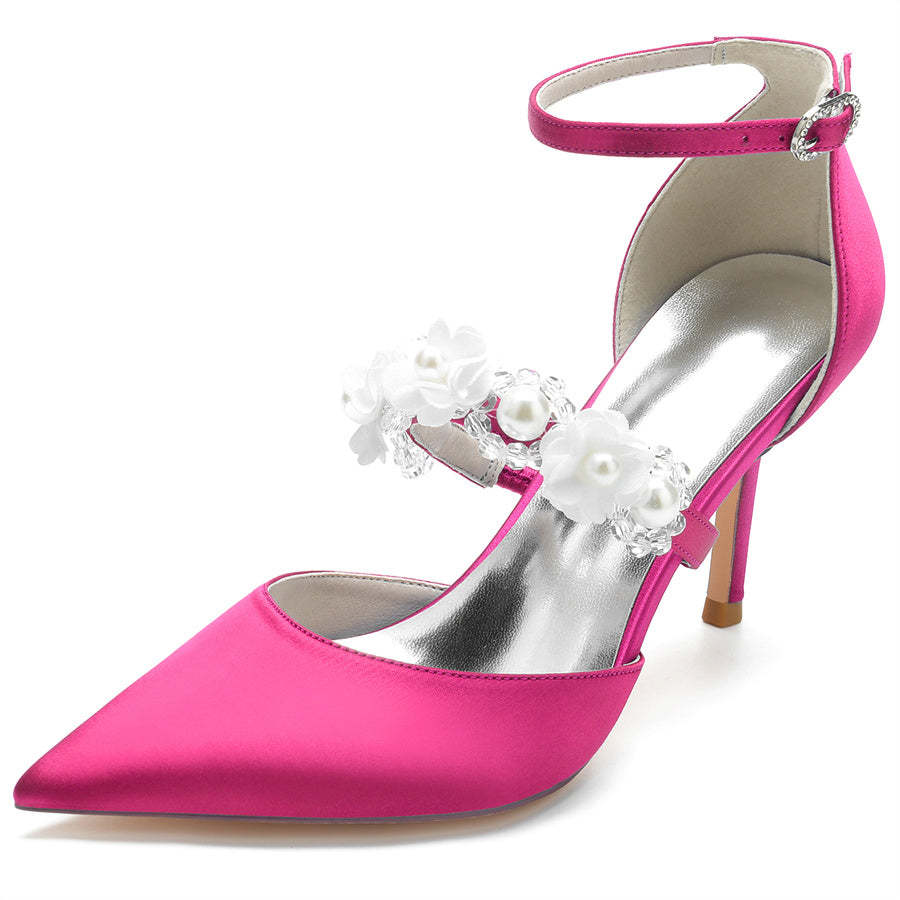 Bridal High Heel Shoes for Women with Pointed Toe Pearls & Flowers