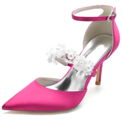 Bridal High Heel Shoes for Women with Pointed Toe Pearls & Flowers