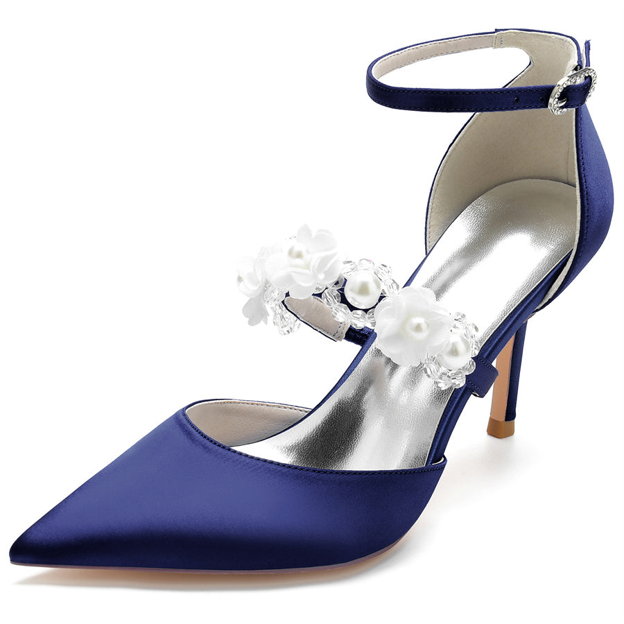 Bridal High Heel Shoes for Women with Pointed Toe Pearls & Flowers