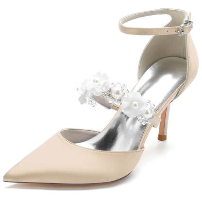 Bridal High Heel Shoes for Women with Pointed Toe Pearls & Flowers