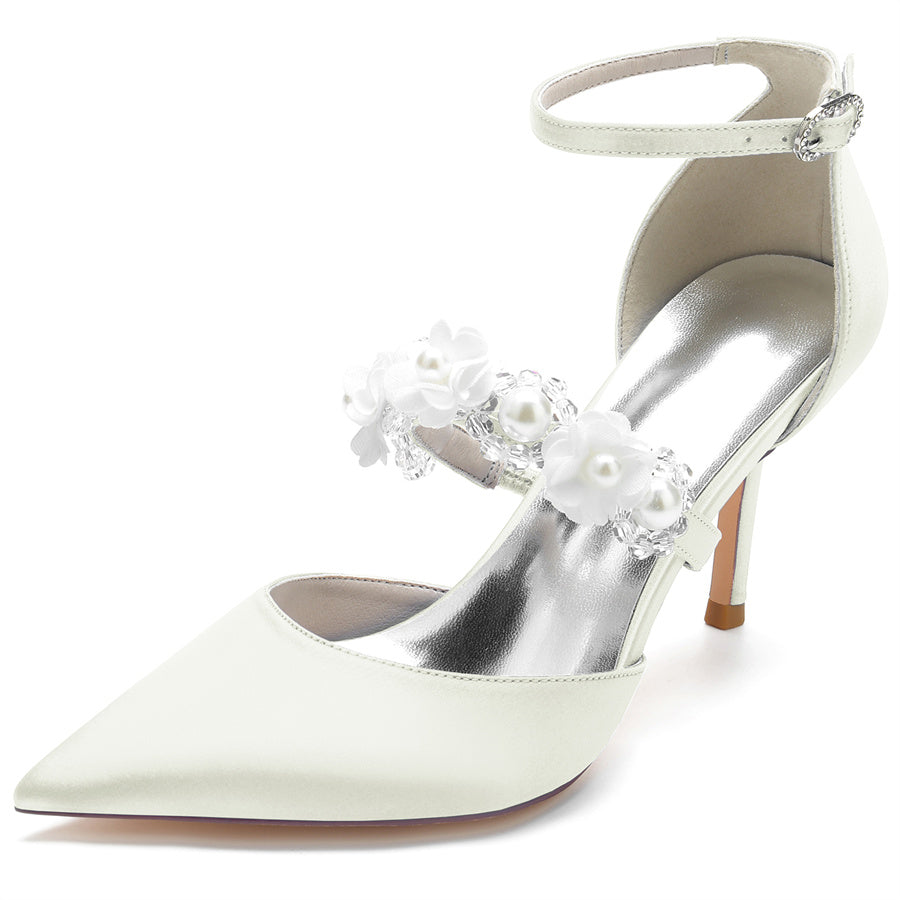 Bridal High Heel Shoes for Women with Pointed Toe Pearls & Flowers