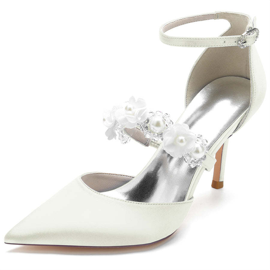 Bridal High Heel Shoes for Women with Pointed Toe Pearls & Flowers